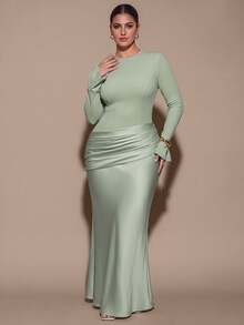 SHEIN BAE CURVE Plus Size Green Satin Patchwork Round Neck Long Sleeve Fitted Mermaid Evening Gown, Elegant Eleg Fall - Green - View 2