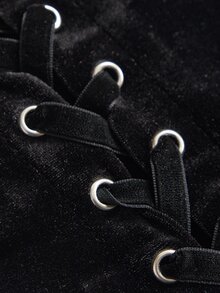 ROMWE Burgundy Fur Collar Black Velvet Drawstring Adjustable Tube Top Heart Eye Embroidery Gothic Dark Style Women's Top - Black - View 4
