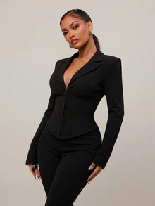 SHEIN SXY Black Padded Shoulder V-Neck Cropped Fitted Waist Blazer - Black - View 7