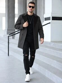 Manfinity Mode 男士商務風對比色拼接雙排扣大衣，高級長款羊毛外套，萬聖節聖誕節新年穿搭，送男友/丈夫的完美節日禮物，適合商務通勤與聚會 - 深灰色 - 查看 5