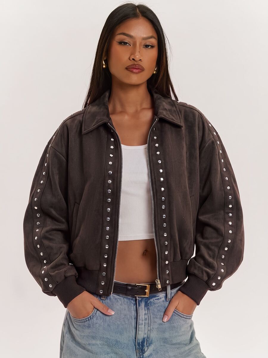 SHEIN BAE Women's Long Sleeve Zip-Up Casual Versatile Jacket - Brown - View 1
