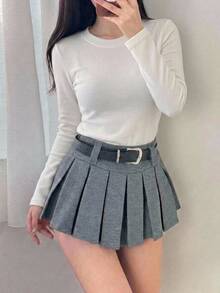 DAZY 女款夏季小立領長袖修身裹身性感休閒百搭打底T恤 - 白色 - 查看 2