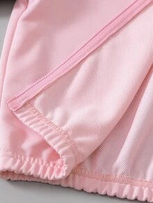 SHEIN HYPEME 童裝大童女孩秋冬時尚休閒日常百搭舒適字母圖案鈕扣領棒球夾克與條紋寬腿長褲 2 件套 - 粉色 - 查看 6