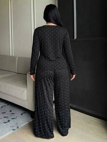 Dazy Plus Fashion Polka Dot Casual Minimalist Long Sleeve Top & Pants 2-Piece Set Loungewear Pajama Set - Black - View 2