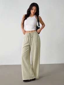 SHEIN PETITE Women's Striped Drawstring Waist Casual Daily Long Pants - Mint Green - View 3