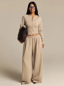 COSMINA Hooded Zip-Up Long Sleeve Sweatshirt And Wide Leg Pants Set, Casual Autumn/Winter - Khaki - View 4