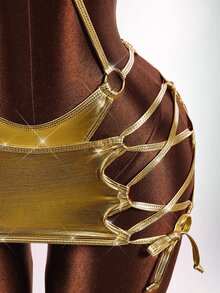 Amplova Women's Gold 2 Pieces Swimsuit Set With Tassel Mini Skirt, One-Piece Cutout Backless Sexy Metallic Swimwear - Gold - View 9