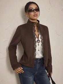 SHEIN PETITE جاكيت نسائي كاجوال يومي بأكمام طويلة مع رقعات دانتيل - بني - مشاهدة 1