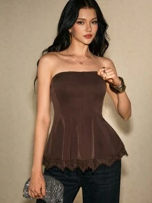 Poéselle Women's Solid Color Contrast Lace Hem Elegant Strapless Top,Dark Brown Top,Party Cocktail Going Out Top,Fall Winter 2026 - Coffee Brown - View 8