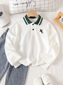 SHEIN 男嬰秋冬款高級馬匹圖案綠色撞色平領長袖套頭上衣，百搭舒適，適合聖誕節與假期 - 白色 - 查看 7