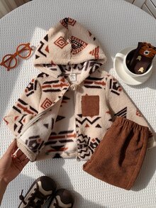 Baby Boy Pattern Fleece Lined Thick Crew Neck Long Sleeve Button-Up Jacket And Elastic Waist Long Pants 2 Pieces Set - Brown - View 3