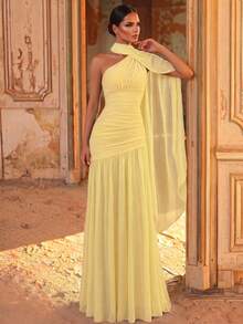 Aureia One-Shoulder Ruched Draped Design Elegant Bridesmaid Formal Evening Gown (Heavy Embellished Style) - Yellow - View 6