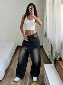StreetHx Women's Hot Girl Hip Hop Faux Two-Piece Waist Denim Jeans - Black - View 3