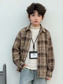 Dazy Kids Tween Boy Plaid Single-Breasted Long Sleeve Fashion Shirt - Coffee Brown - View 3