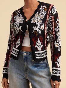 Travachic 2026 Autumn/Winter Totem Long Sleeve Single-Breasted Casual Knit Cardigan - Multicolor - View 5