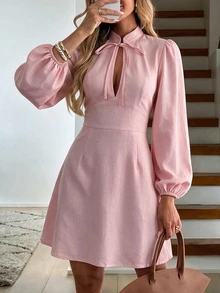 Cévolie Plus Size Women's Fashionable Personalized Casual Vacation Style Solid Color Collar Dress - Pink - View 5