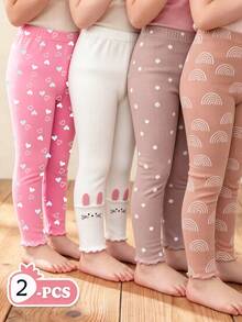 SHEIN 2pcs/Set Legging Balita Perempuan, Merah Muda & Putih, Bahan Fleece Satu Potong dengan Pinggiran Bergelombang, Motif Hati & Kelinci, Gaya Sederhana, Kasual, Nyaman, Lembut, dan Serbaguna, Musim Semi/Musim Gugur/Musim Dingin - MultiWarna - View 6