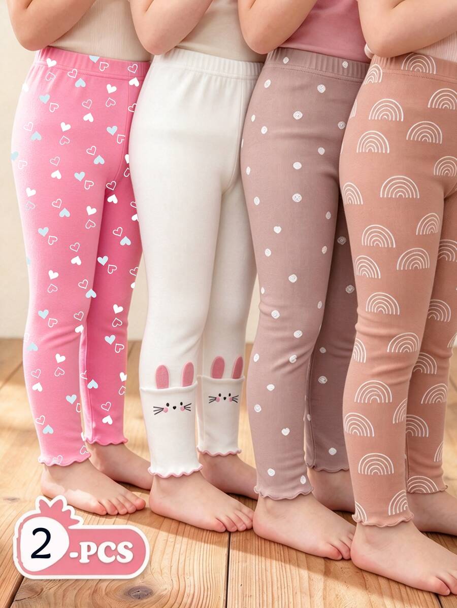 SHEIN 2pcs/Set Girls Toddler Leggings, Pink & White, One-Piece Fleece Fabric With Wavy Hem, Heart & Rabbit Pattern, Simple Casual Comfortable Soft Versatile Style, Spring/Autumn/Winter - Multicolor - View 1