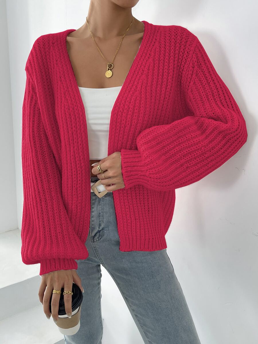EMERY ROSE 女款純色落肩長袖寬鬆休閒簡約開襟衫,秋冬女裝早午餐穿搭,亮粉色 - 玫紅色 - 查看 1