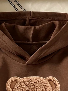 SHEIN Explorewe 女童卡通熊愛心印花棕色連帽衛衣與慢跑褲套裝，舒適四季百搭2件套，休閒舒適多功能，適合街頭穿搭、日常休閒、返校與聚會，秋季服飾 - 黑色 - 查看 3