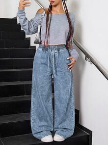 SHEIN 女童黑色寬鬆版型牛仔長褲 - 淺色水洗藍 - 查看 7