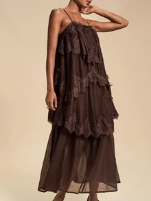 Travachic Women's Solid Color Contrast Lace Multi-Layer Ruffle Elegant Spaghetti Strap Squishy Fairy Spring/Summer Crinkled Adjustable Strap Tiered Dress - Coffee Brown - View 6