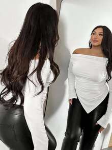 Firerie Plus Size Women Solid Color Asymmetrical Shoulder Ruched Casual Daily Long Sleeve T-Shirt - White - View 8