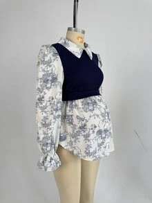 SHEIN 孕婦哺乳上衣 配色設計 休閒日常長袖 - 藍白色 - 查看 8