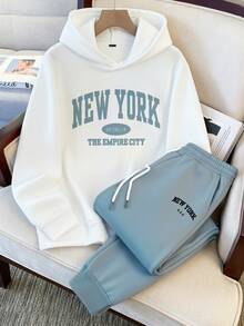 FROVYX White Hoodie And Light Blue Sweatpants Men's Sweatshirt Set, Simple Letter Design Suitable For Daily Casual Wear And Friends Gatherings - Multicolor - View 1