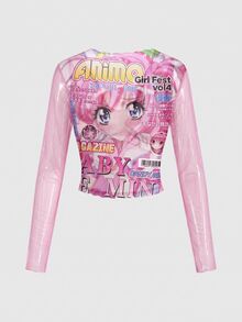 ROMWE Anime Girl Vintage Magazine Sexy Sheer Mesh Long Sleeve Women's Top - Pink - View 2