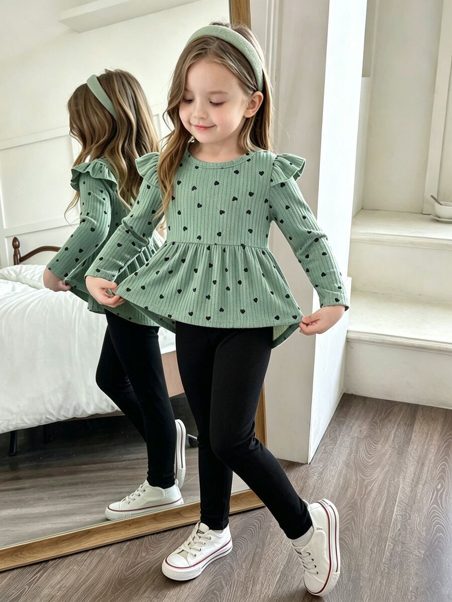 Elladie kids 2件組少女愛心印花長袖上衣附荷葉邊飾與內搭褲,圖案T恤,秋季返校女童長袖套裝 - 綠色 - 查看 1