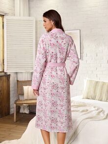 Serenescape Vacation Style V-Neck Ink Wash Pink Floral Contrast Color Loose Long Sleeve Women's Robe - Multicolor - View 2