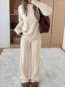 SHEIN EZwear 女款休閒舒適兩件套，淺杏色圓領長袖上衣搭配長褲，適合秋冬穿著 - 杏色 - 查看 5