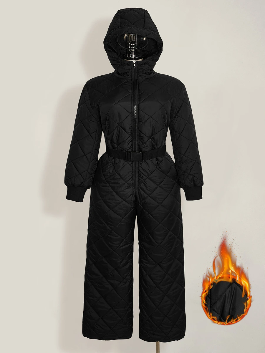 SHEIN ICON Women's Plus Size Quilted Diamond Pattern Black Ski Jumpsuit - Black - View 1