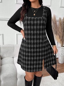 SHEIN Frenchy طقم من قطعتين مقاس كبير بتصميم بسيط، ملابس علوية بأكمام طويلة وفستان بنقشة كاروهات مع فتحة عند الحافة، للخريف - متعدد الألوان - مشاهدة 4