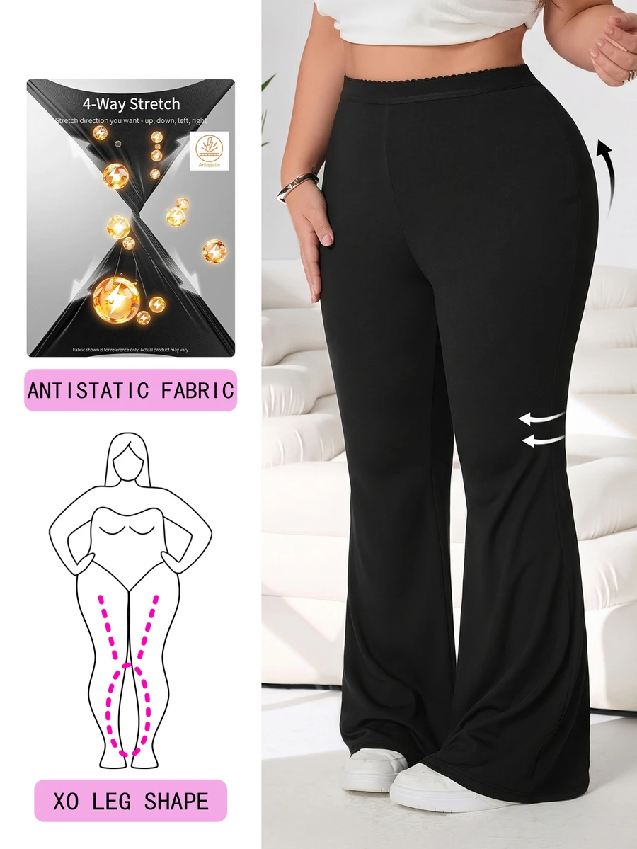 Solflare Plus Size Women Solid Color High Waist Casual Versatile Flare Pants - Black - View 1