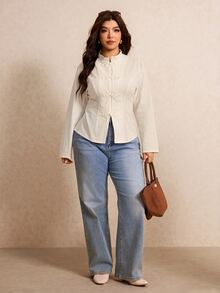 Elaquor Plus Size Women's Elegant Long Sleeve Shirt With Frog Button Placket - Beige - View 6
