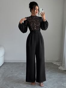 GlowEve Elegant Multi-Occasion Date Night Small Stand Collar Lace Embroidered Patchwork Jumpsuit - Black - View 5