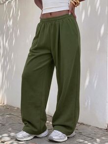 FavEase 女款保暖內裡彈性腰純色百褶休閒運動長褲 - 軍綠色 - 查看 3
