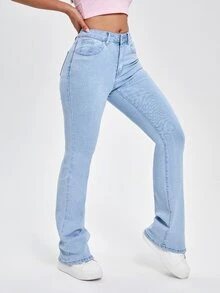 SHEIN EZwear Women's Casual Flared Leg Denim Jeans - Blue - View 5