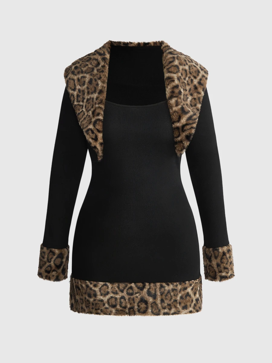 ROMWE Millennium Y2K Leopard Print Faux Fur Collar Cropped Knit Cardigan & Slim Fit Waist-Cinching Dress Plus Size 2 Pieces Set For Party And Birthday - Black - View 1