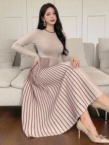 DAZY Women's Elegant Ribbed Contrast Color Pleated Long Sleeve Sweater Dress Winter - Apricot - View 1