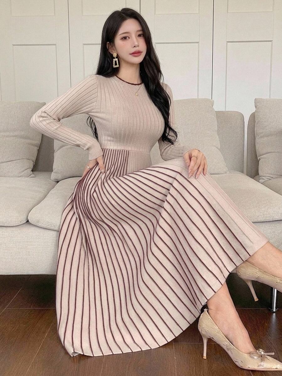DAZY Women's Elegant Ribbed Contrast Color Pleated Long Sleeve Sweater Dress Winter - Apricot - View 1
