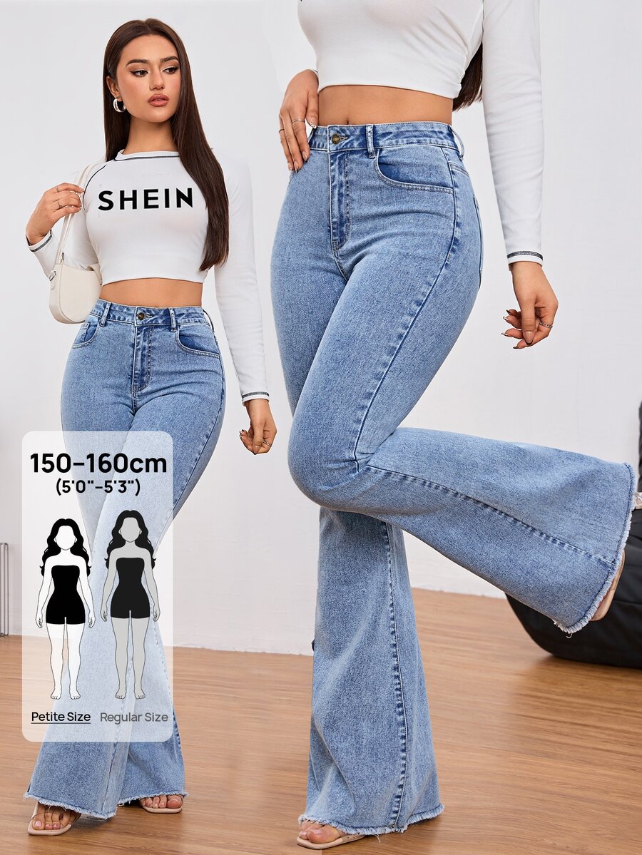 SHEIN PETITE 女款休閒日常牛仔褲,附口袋與鈕扣設計 - 藍色 - 查看 1