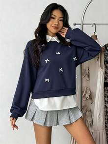 SHEIN 青少年女孩襯衫領拼接蝴蝶結裝飾套頭長袖鬆緊運動衫，秋冬可愛素色上衣 - 藏蓝色 - 查看 11