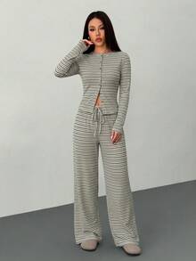 SHEIN PETITE 2件組女款休閒條紋前開鈕扣長袖上衣與寬腿褲套裝，春夏款 - 軍綠色 - 查看 6
