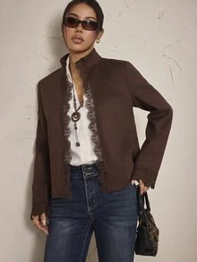 SHEIN PETITE جاكيت نسائي كاجوال يومي بأكمام طويلة مع رقعات دانتيل - بني - مشاهدة 3