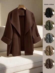 GlowEve CURVE 大尺碼女款捲袖寬鬆休閒夾克，純色，適合日常、通勤，秋冬穿搭 - 咖啡棕 - 查看 1