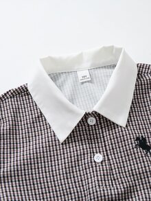 SHEIN 1件女童英倫學院風千鳥格撞色翻領長裙，復古長袖蝴蝶結腰帶A字長洋裝，開學季穿搭 - 棕色 - 查看 5