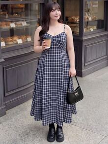 Bijouette Plus Size Korean Style Plaid Cami Dress With Lace-Up Long Sleeve Cardigan 2 Pieces Set Fall - Navy Blue - View 3